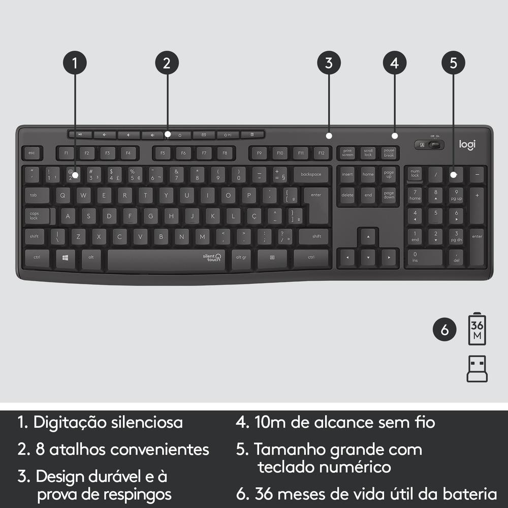 TECLADO E MOUSE SEM FIO LOGITECH MK295, DIGITAÇÃO E CLIQUE SILENCIOSO, USB, PILHAS INCLUSAS, ABNT2