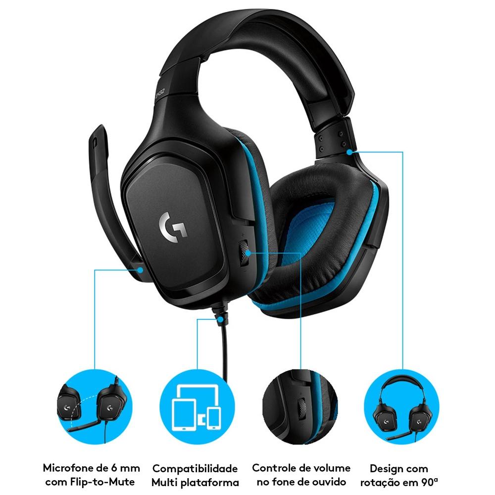 HEADSET GAMER G432 7.1 DOLBY SURROUND PRETO/AZUL - LOGITECH