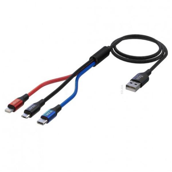 CABO USB 3 EM 1 PARA LIGHTNING + USB TIPO-C + MICRO USB 1,2 METROS - 31CBK