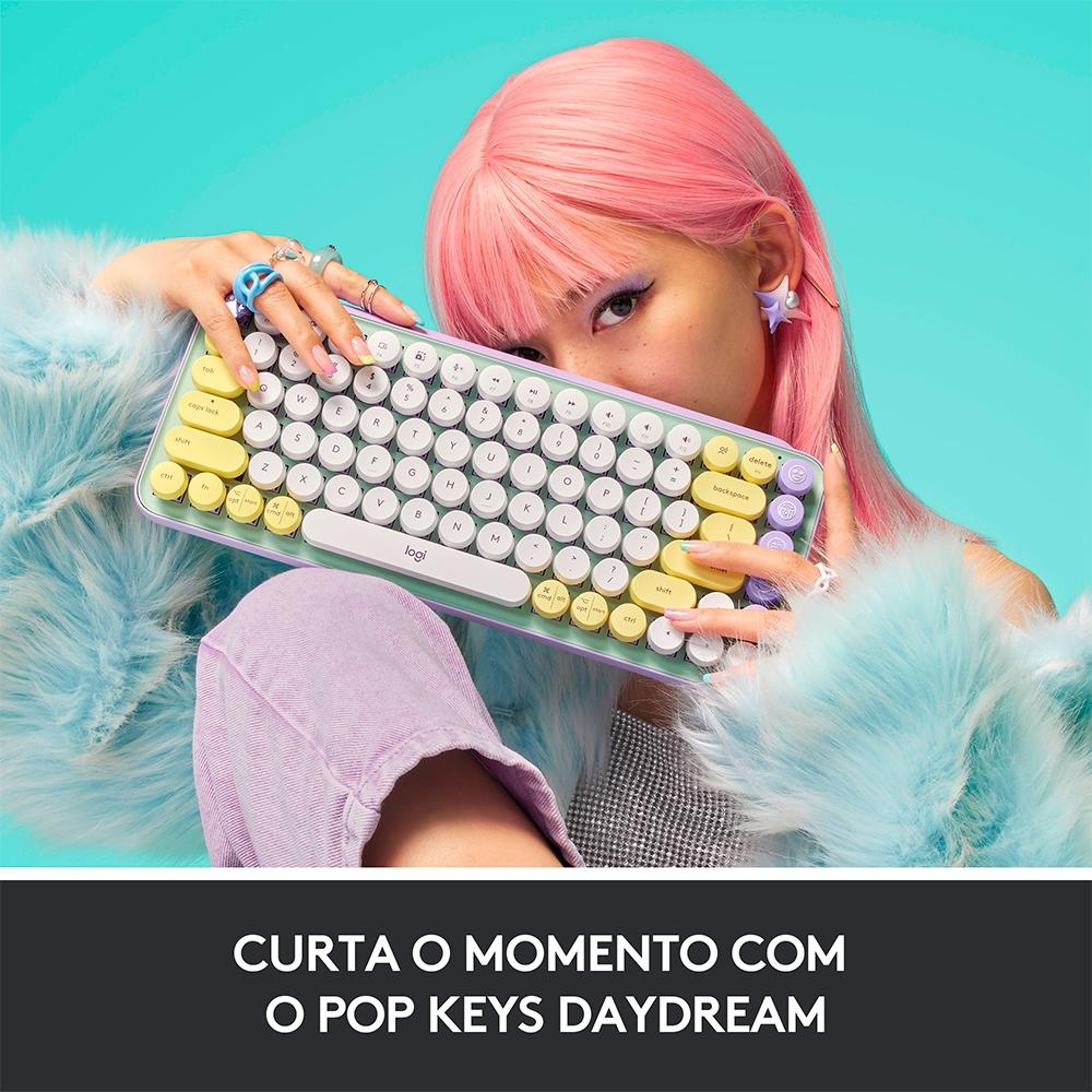 TECLADO MECÂNICO SEM FIO LOGITECH POP KEYS, SWITCH BROWN, BLUETOOTH, TECLAS EMOJI, USB, DAYDREAM