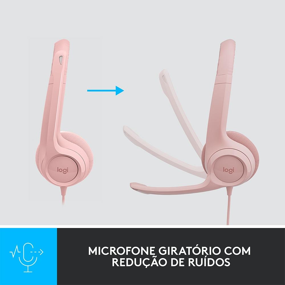 HEADSET COM FIO USB LOGITECH H390 ROSA, CONTROLES DE ÁUDIO INTEGRADO, MICROFONE C/ REDUÇÃO DE RUÍDO