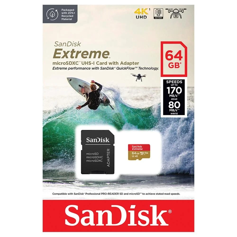 CARTAO 64GB MICRO SDXC CLASE 10 EXTREME LEITURA 170MB/S ESCRITA 80MB/S - SANDISK