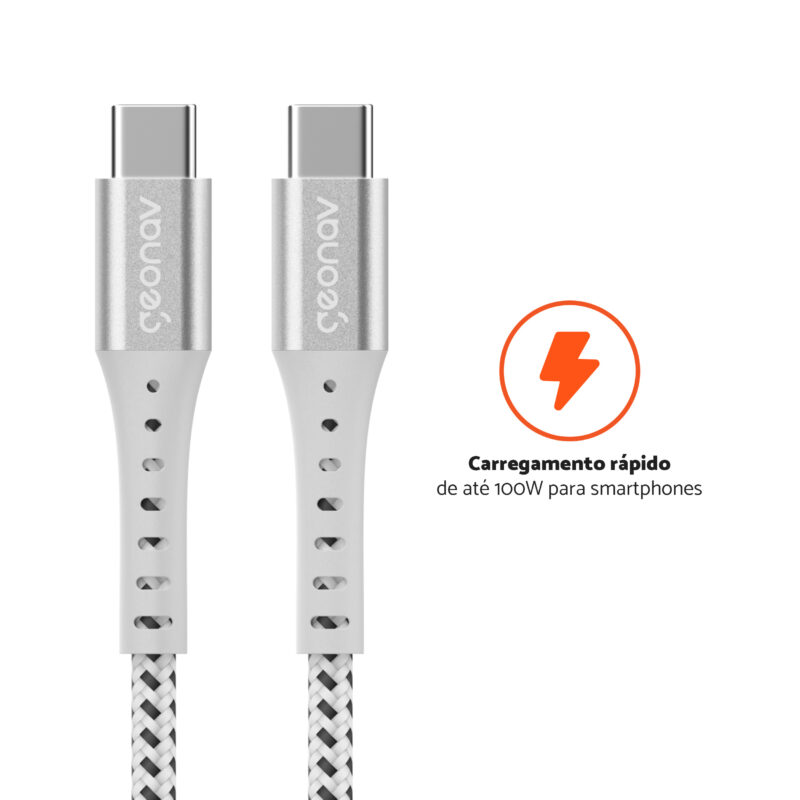 CABO USB-C PARA USB-C DE NYLON TRANÇADO ESSENTIAL 1,2 METRO BRANCO - GEONAV