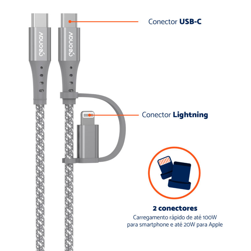 CABO USB-C MODELO 2 EM 1 COM ENCAIXE PARA USB-C E PARA LIGHTNING, 1.5 M, NYLON TRANÇAD - GEON