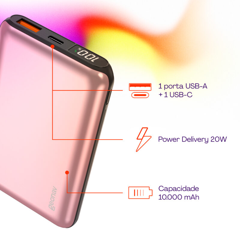 CARREGADOR PORTÁTIL UNIVERSAL 10.000MAH, USB-A (ATÉ 18W) + USB-C (ATÉ 20W), COMPACTO - ROSA