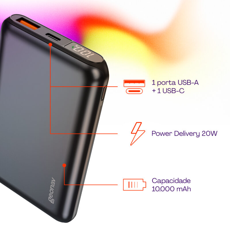 CARREGADOR PORTÁTIL UNIVERSAL 10.000MAH, USB-A (ATÉ 18W) + USB-C (ATÉ 20W), COMPACTO -CINZA ESPACIAL