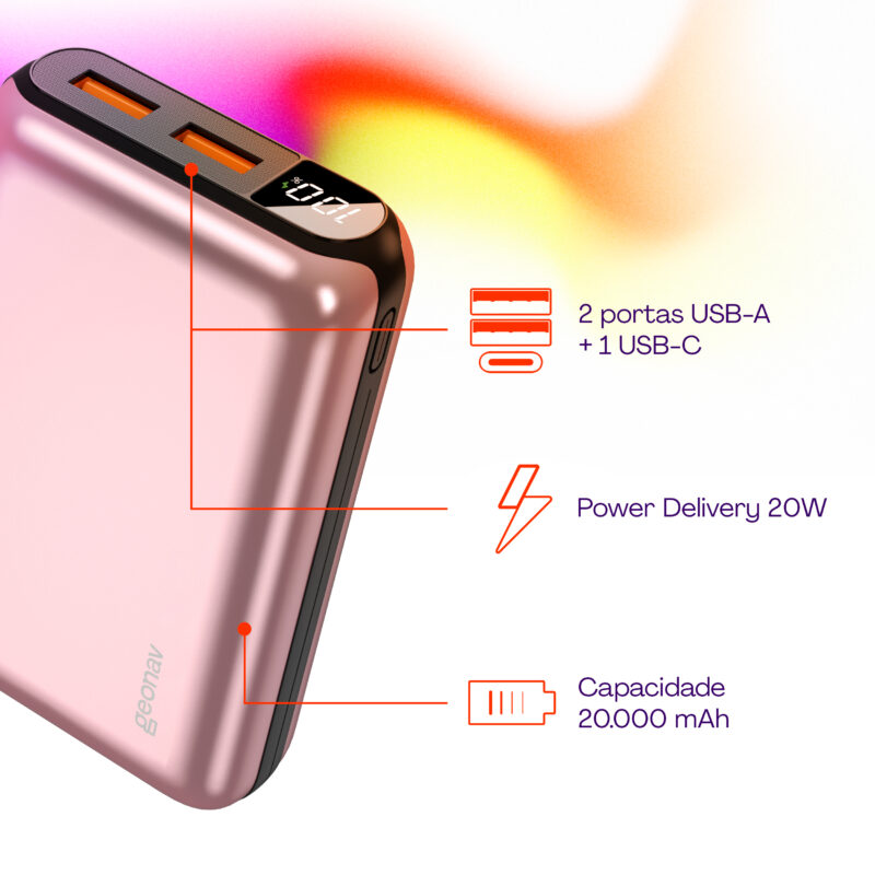 CARREGADOR PORTÁTIL UNIVERSAL 20.000MAH, USB-A (ATÉ 18W) + USB-C (ATÉ 20W), COMPACTO - ROSA