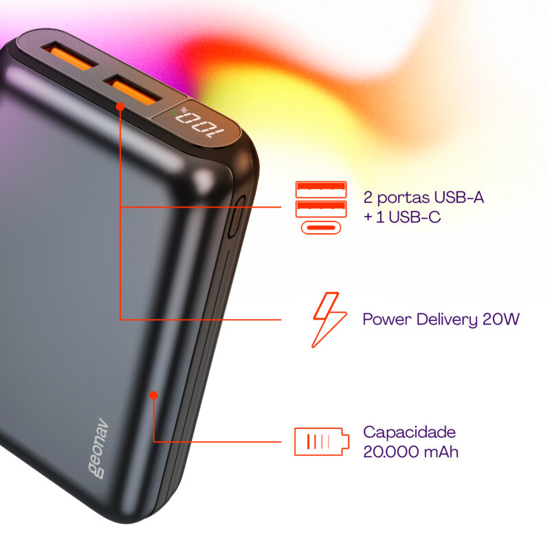 CARREGADOR PORTÁTIL UNIVERSAL 20.000MAH, USB-A (ATÉ 18W) + USB-C (ATÉ 20W), COMPACTO -CINZA ESPACIAL