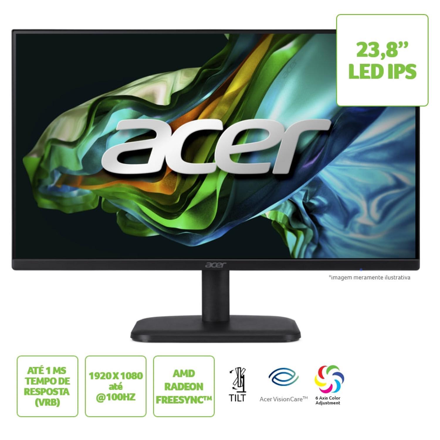 MONITOR LED ACER 23,8" FULL HD IPS 100HZ VGA/HDMI FREESYNC EK241Y - PRETO