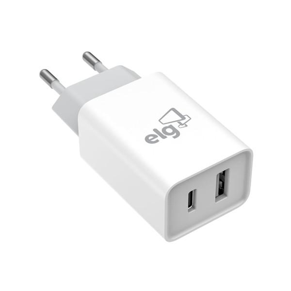 CARREGADOR DE PAREDE UNIVERSAL ELG CARGA RÁPIDA 1 PORTA USB A E 1 PORTA USB TIPO-C BRANCO - W124C