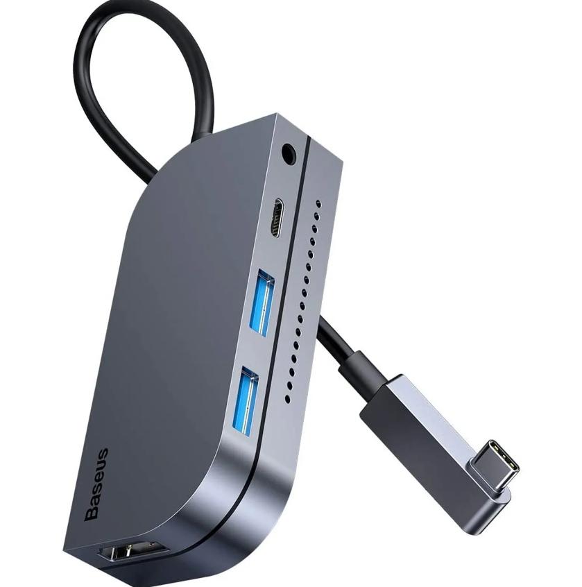 HUB TIPO C BASEUS BEND ANGLE 6 EM 1, 2X USB 3.0, USB-C PD, HDMI, 3,5MM,LEITOR CARTAO SD -CAHUB-CWJ0G