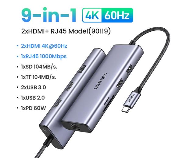 HUB TIPO C UGREEN 9 EM 1, 2× USB 3.0, USB 2.0, 2× HDMI 4K60HZ, TIPO C PD, RJ45, SD, TF – UG-90119