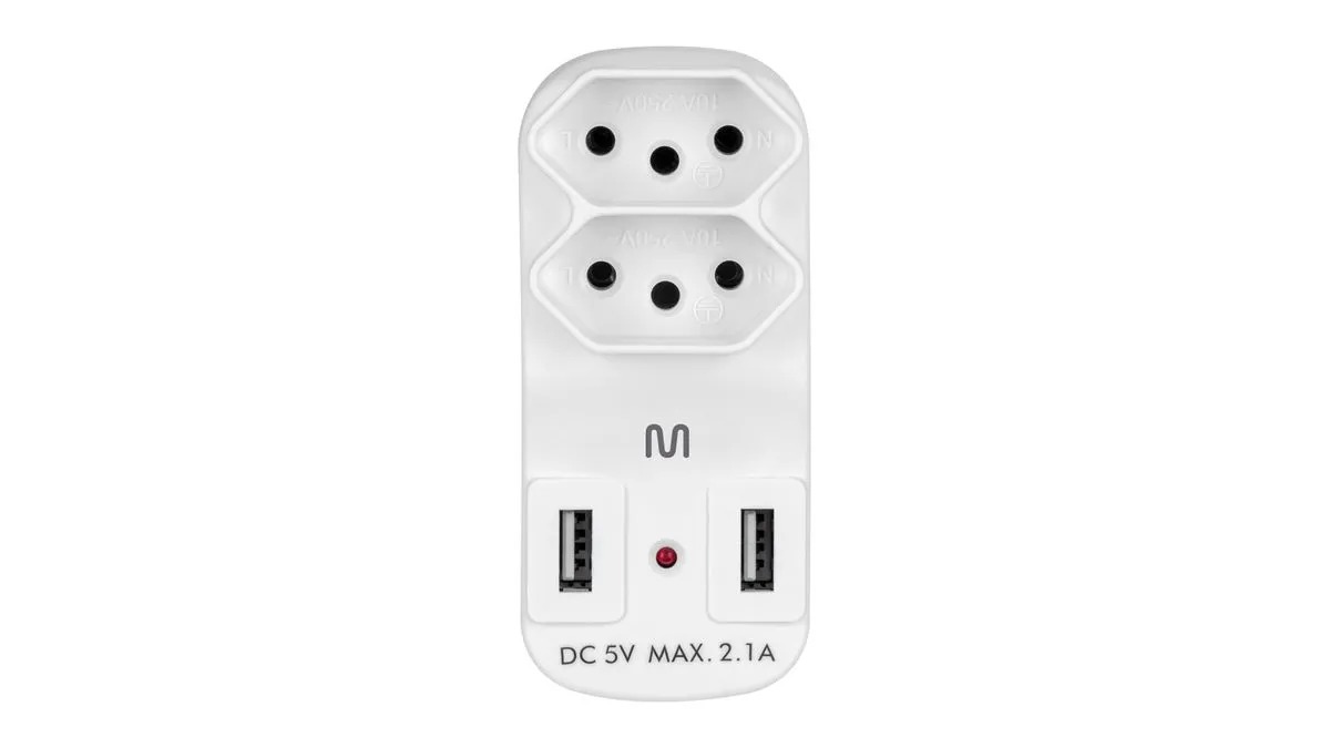 ADAPTADOR DE TOMADA MULTILASER, 2 SAIDAS 2P+T, COM 2 PORTAS USB 2,1A, WI331 (#)