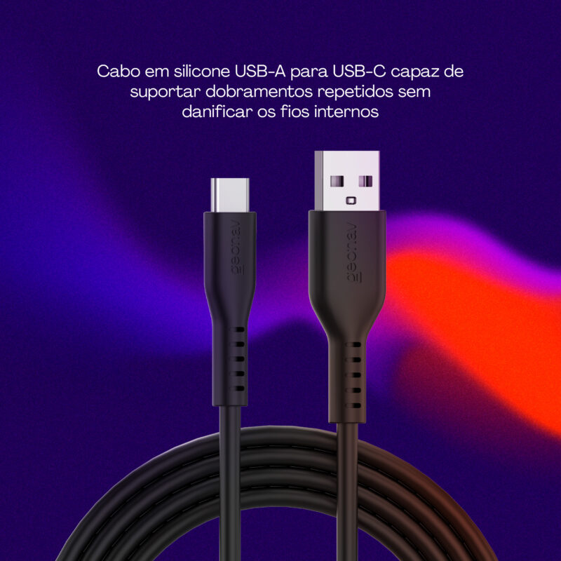 CABO GEONAV USB-A PARA USB-C, EM SILICONE, NA COR PRETA, 1,5 METROS, ESC05SBK