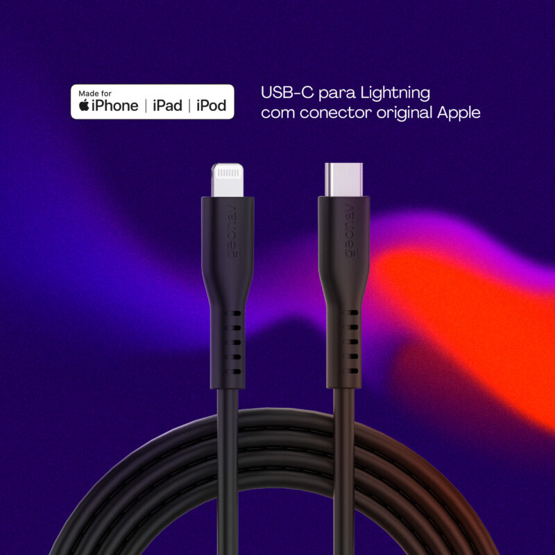 CABO GEONAV USB-C PARA LIGHTNING, EM SILICONE, NA COR PRETA, 1,5 METROS, ESLICSBK