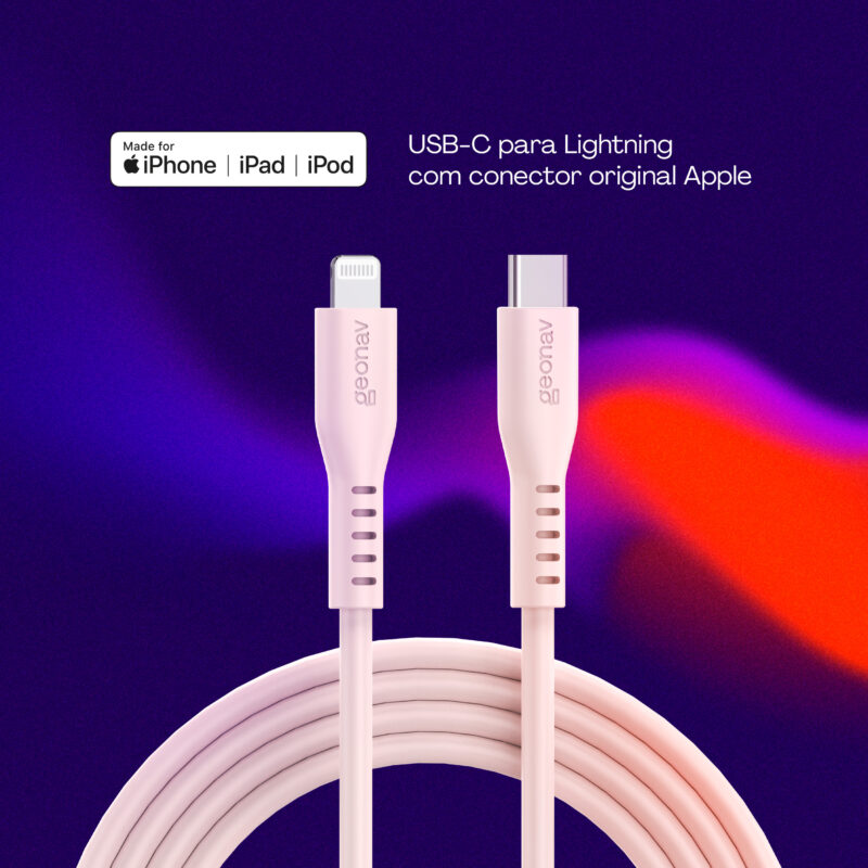 CABO GEONAV USB-C PARA LIGHTNING, EM SILICONE, NA COR ROSA, 1,5 METROS, ESLICSPK