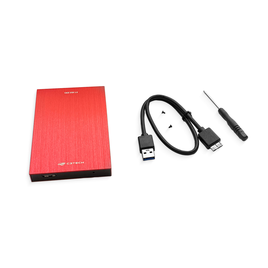 CASE EXTERNO PARA HD/SSD C3TECH, 2,5, USB 3.0, CH 400RD, GAVETA, VERMELHO