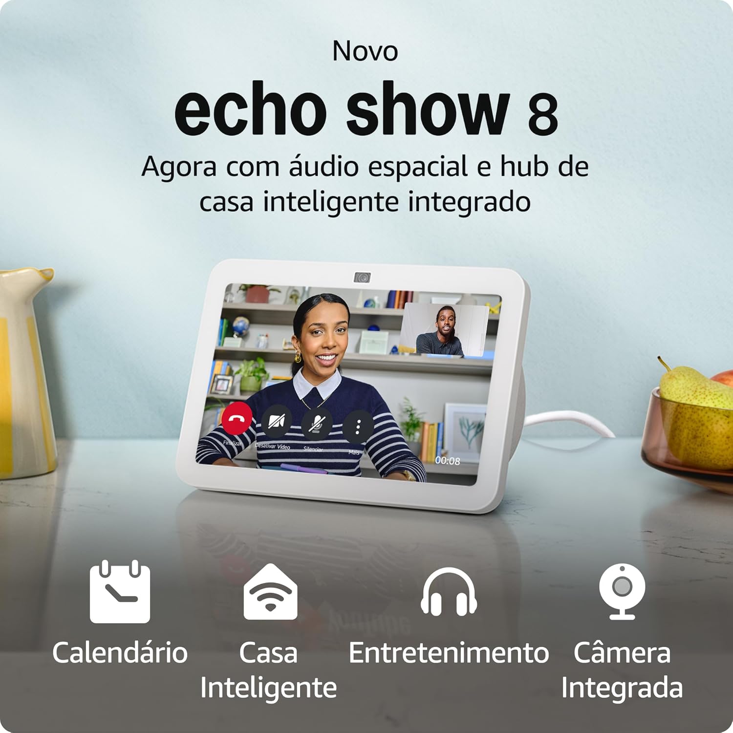 ECHO SHOW 8 (3ª GERAÇÃO, 2024) SMART DISPLAY COM AUDIO ESPACIAL, HUB CASA INTELIGENTE E ALEXA BRANCO