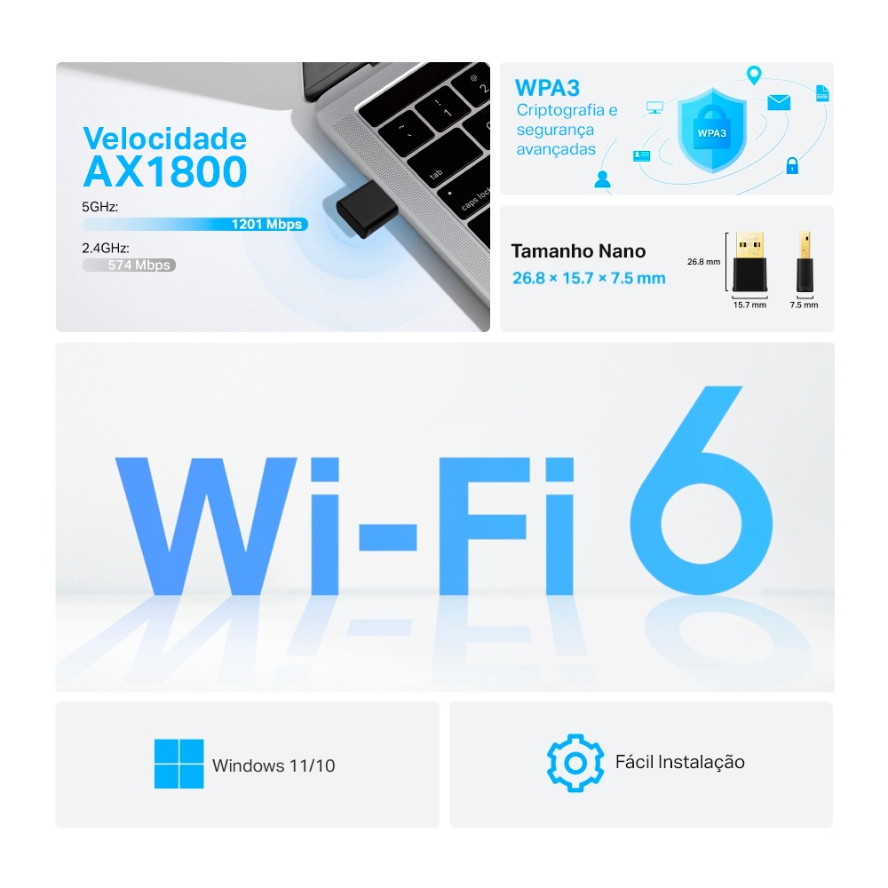 ADAPTADOR USB WIRELESS WI-FI 6 TP-LINK ARCHER TX20U NANO AX1800 DUAL BAND