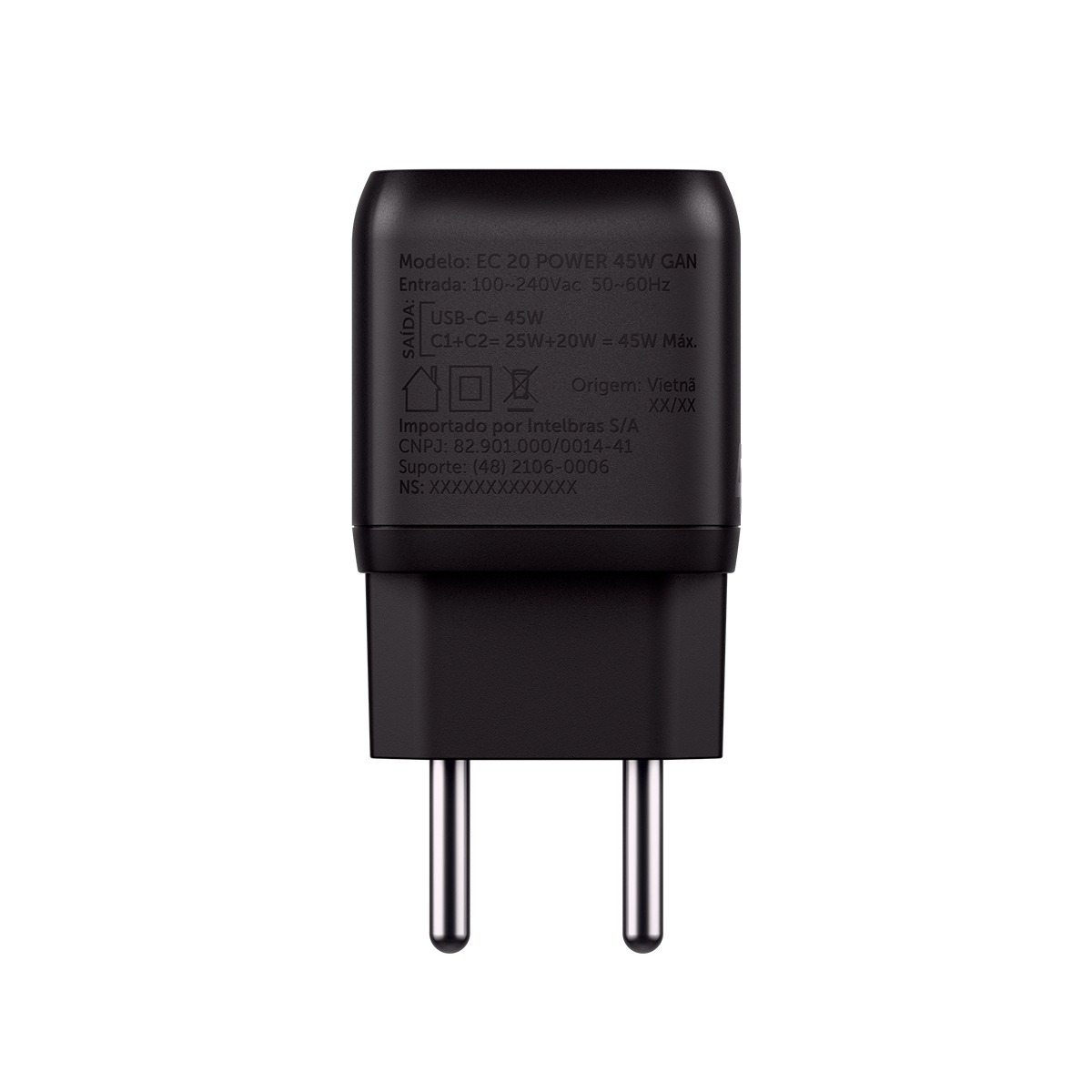CARREGADOR DE PAREDE TURBO INTELBRAS 2 USB-C EC20 POWER 45W PRETO