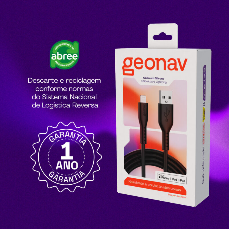 CABO GEONAV USB-A PARA LIGHTNING, EM SILICONE, NA COR PRETA, 1,5 METROS, ESLISBK