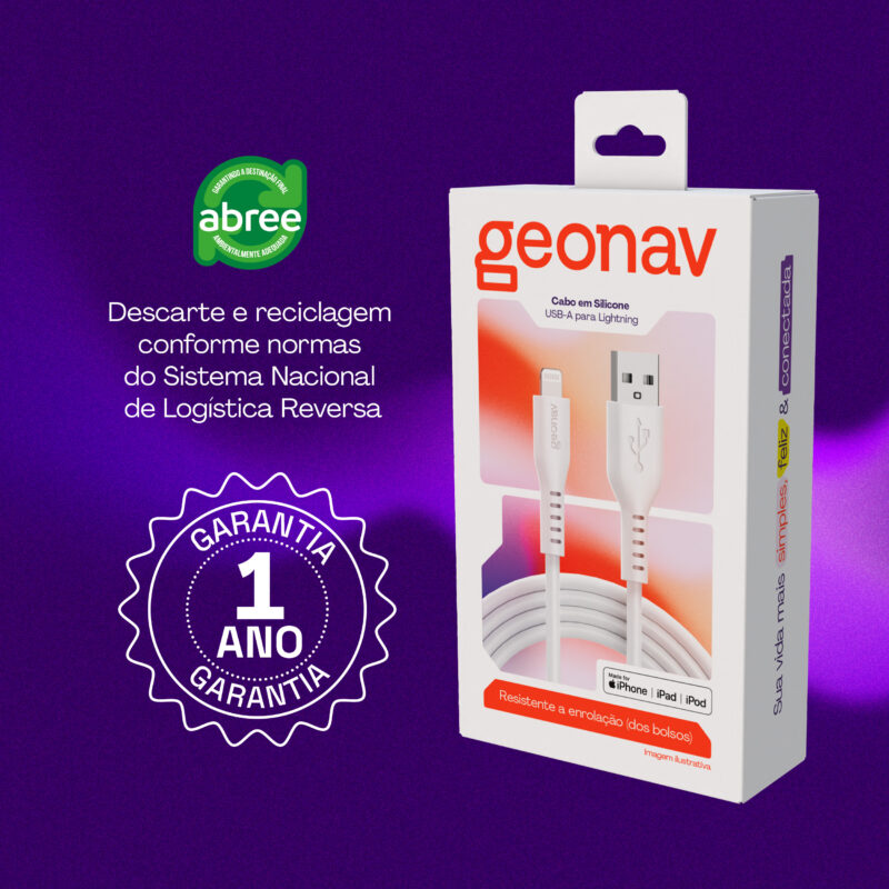 CABO GEONAV USB-A PARA LIGHTNING, EM SILICONE, NA COR BRANCO, 1,5 METROS, ESLISWT