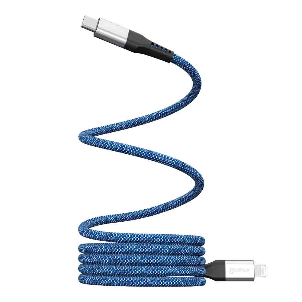 CABO GEONAV USB-C PARA LIGHTNING, NYLON TRANÇADO, CORPO MAGNÉTICO, AZUL C/ BRANCO, 1,2M, LIUC03MAG