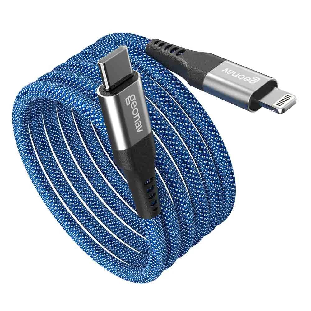 CABO GEONAV USB-C PARA LIGHTNING, NYLON TRANÇADO, CORPO MAGNÉTICO, AZUL C/ BRANCO, 1,2M, LIUC03MAG