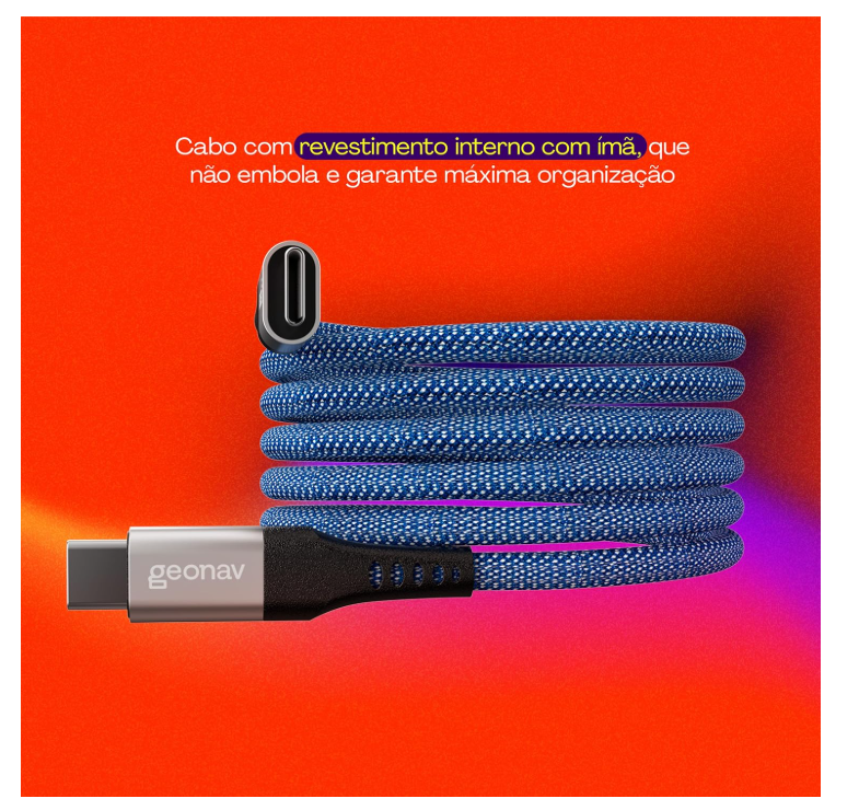 CABO GEONAV USB-C PARA USB-C, NYLON TRANÇADO, CORPO MAGNÉTICO, AZUL C/ BRANCO, 1,2M, UCC09MAG