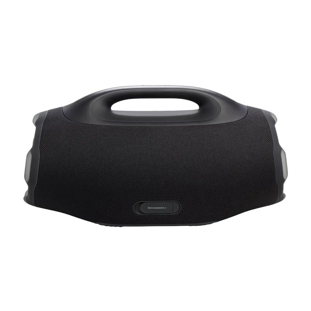 Caixa de som JBL Boombox 4 preta vista de frente com grade em tecido e logo JBL