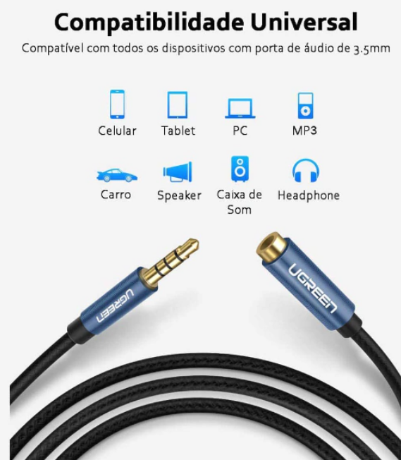 CABO EXTENSOR P2 UGREEN 3.5MM NYLON TRANÇADO 1M PRETO