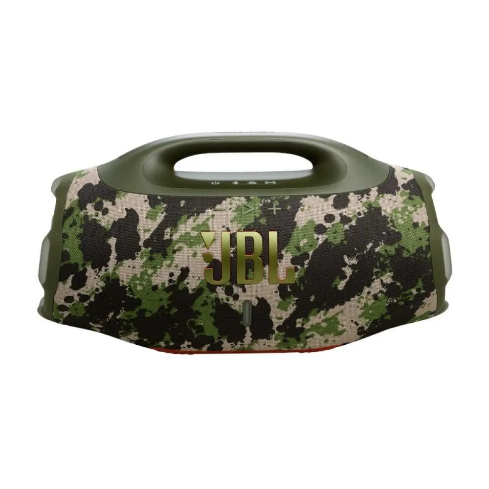 Caixa de som JBL Boombox 4 Squad vista de frente com acabamento camuflado verde