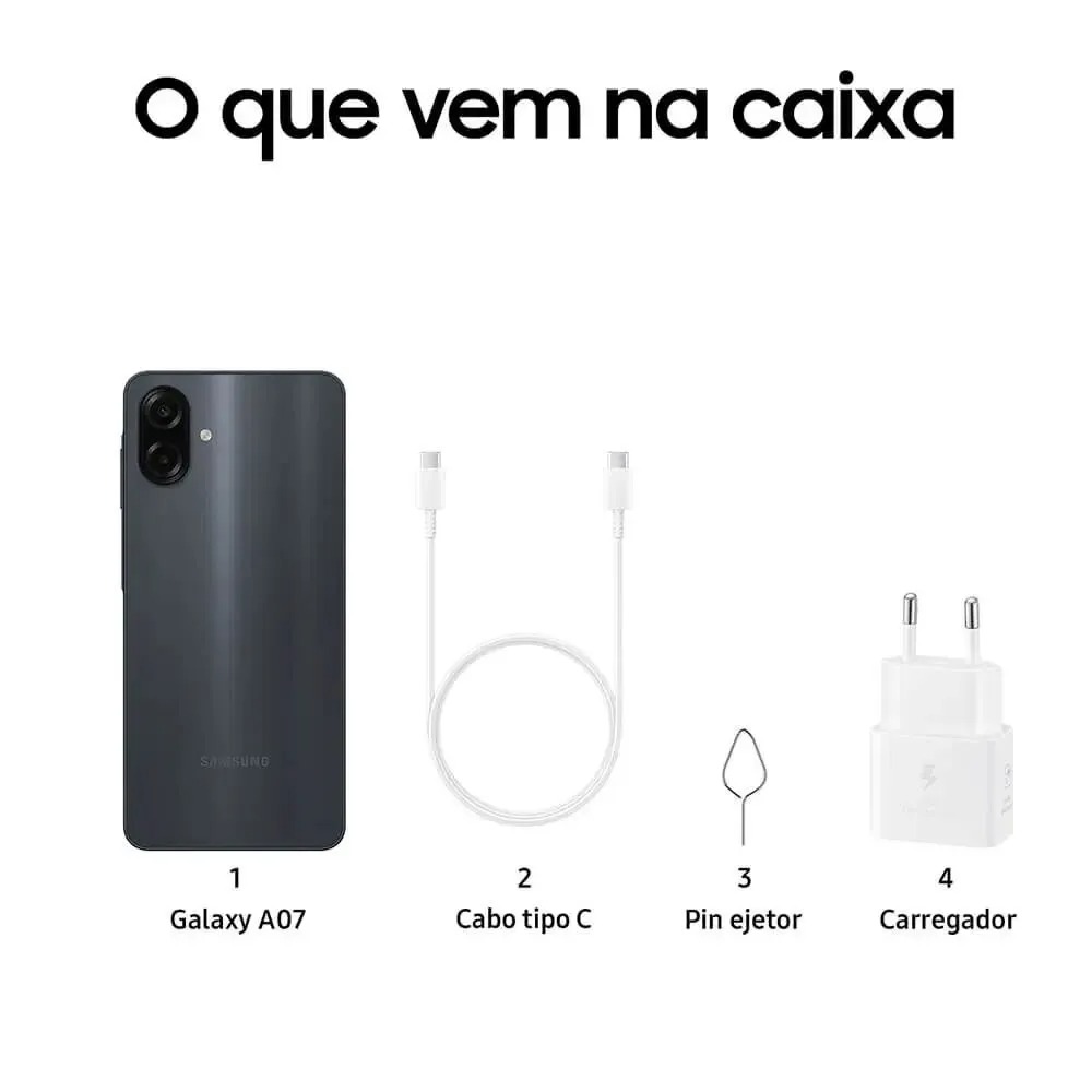 SMARTPHONE SAMSUNG GALAXY A07, 128GB, 4GB RAM, CAMERA 50MP + SELFIE 8MP, TELA 6,7" - PRETO
