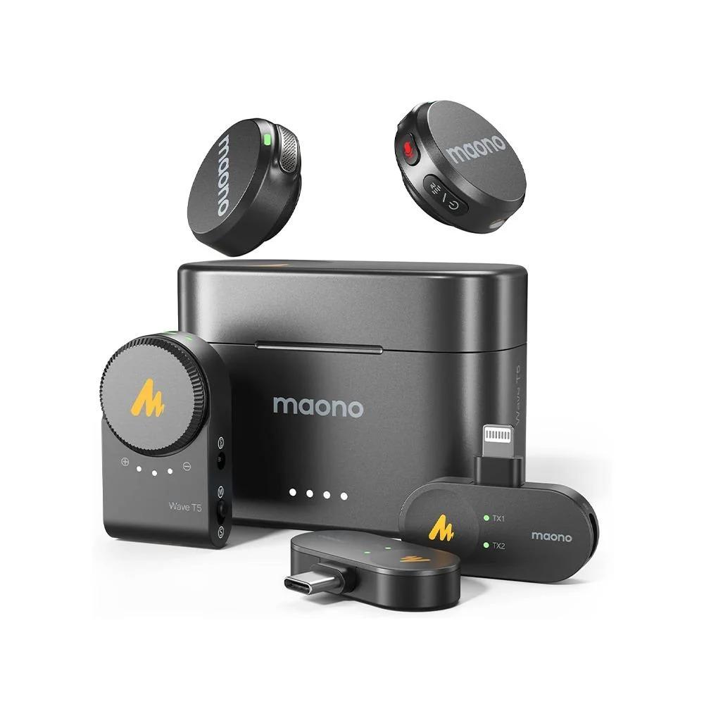 Microfone de Lapela sem Fio Maono Wave T5 Versão Combo Completo Câmera, USB Tipo-C e Lightning