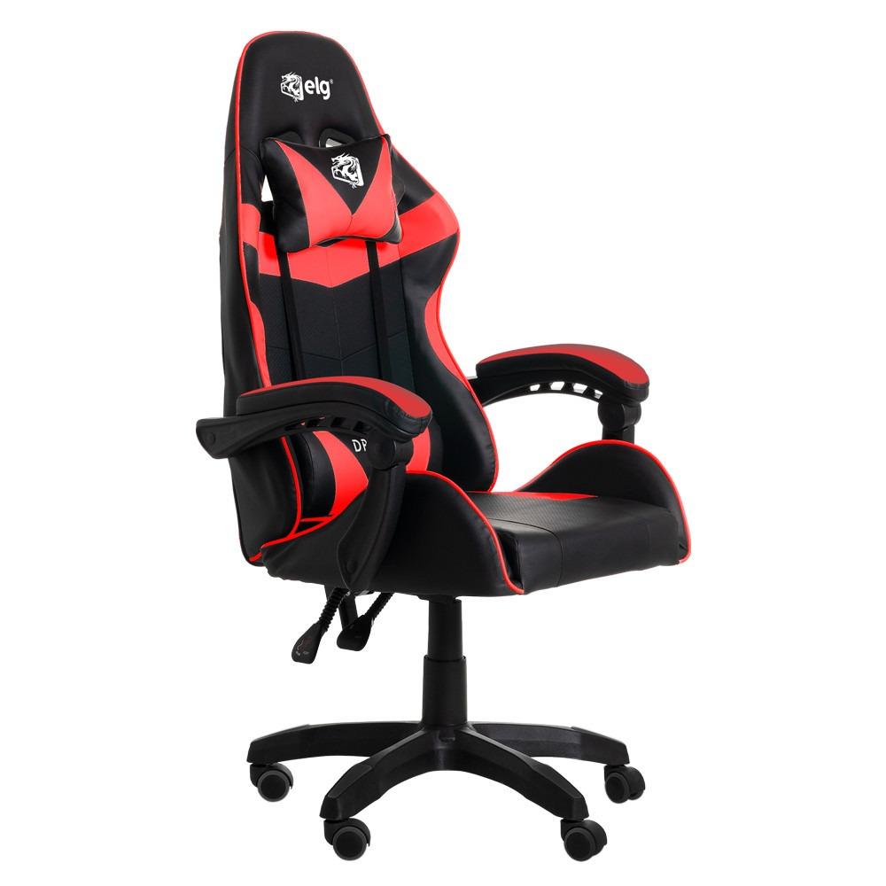 CADEIRA GAMER ELG DRAKON, APOIO CERVICAL/LOMBAR, INCLINAÇÃO ENCOSTO, ATÉ 140KG - PRETO/VERMELHO