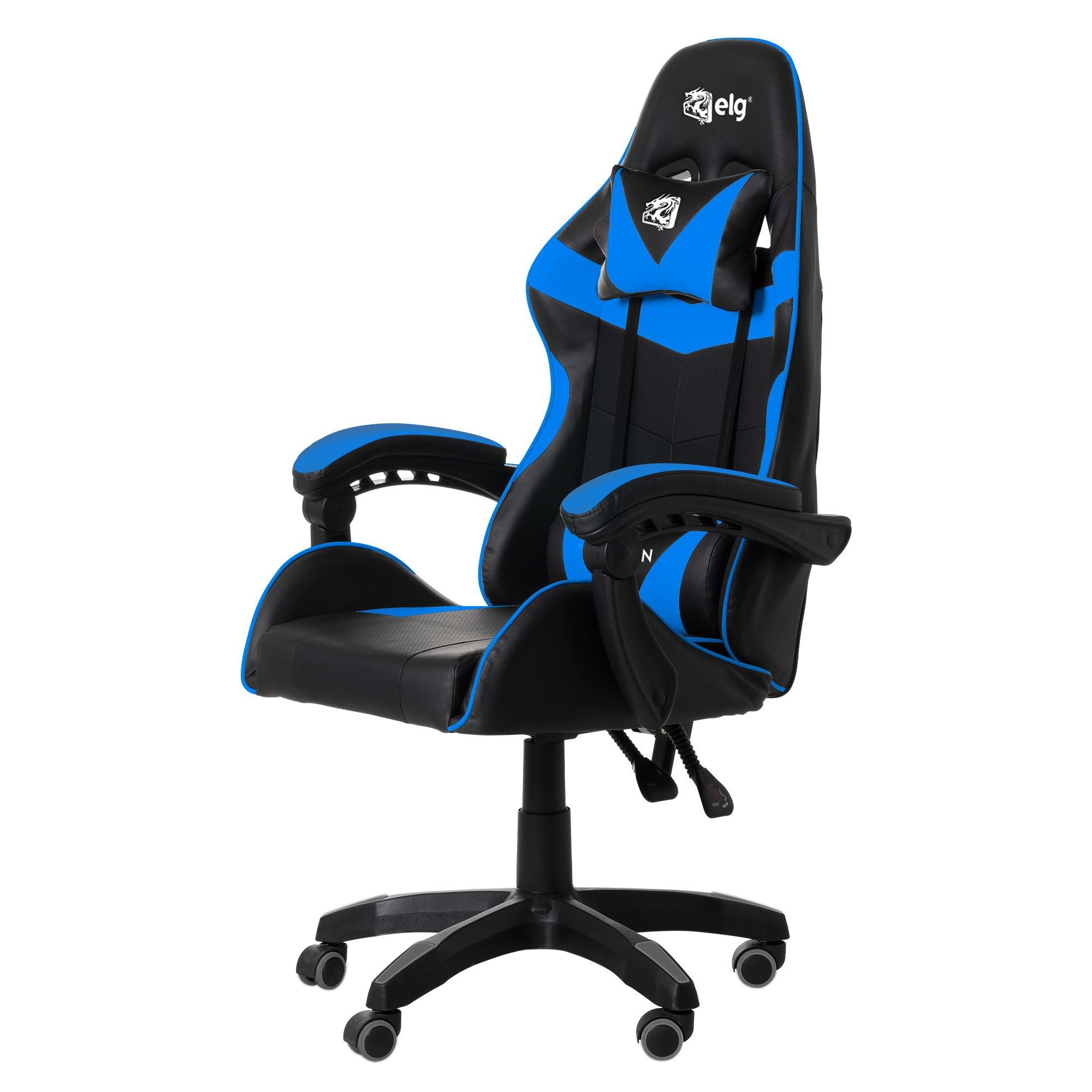CADEIRA GAMER ELG DRAKON, APOIO CERVICAL/LOMBAR, INCLINAÇÃO ENCOSTO, ATÉ 140KG - PRETO/AZUL