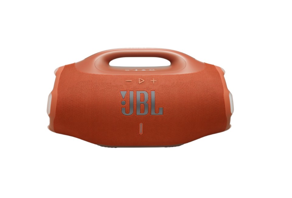 Caixa de som JBL Boombox 4 laranja vista de frente com grade e logo JBL