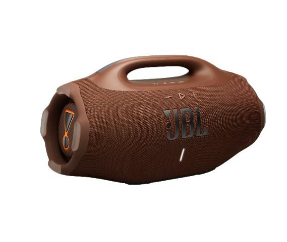 Caixa de som JBL Boombox 4 marrom em vista diagonal com alça e radiador lateral
