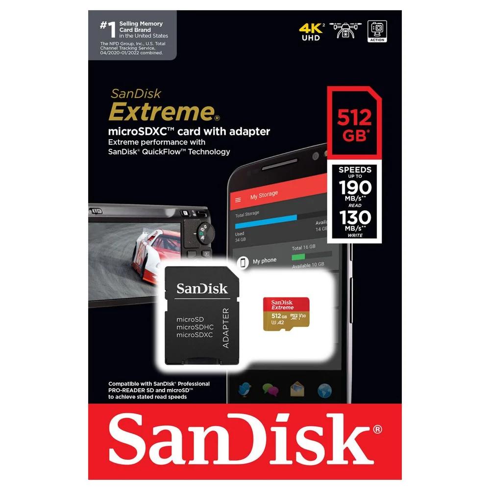 CARTAO 512GB MICRO SDXC EXTREME ATÉ 190MB/S C/ ADAPTADOR - SANDISK