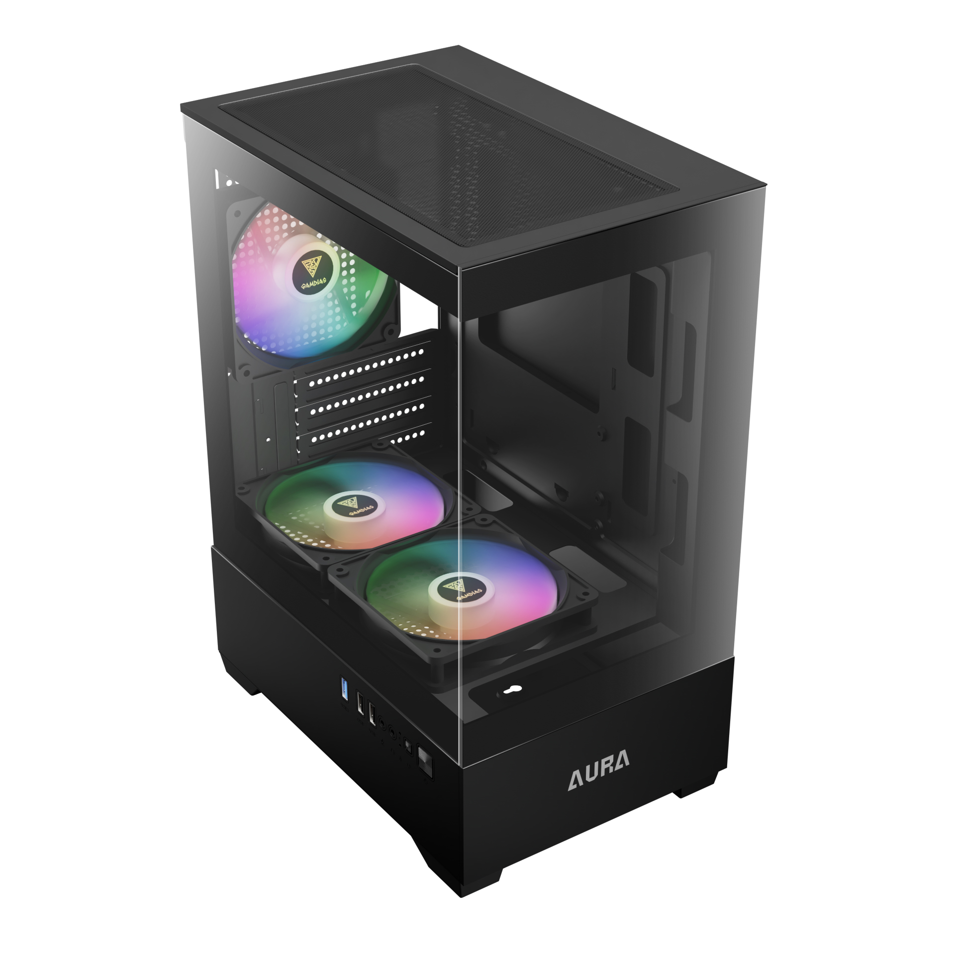 GABINETE GAMER MICRO ATX GANDIAS AURA GC9M ELITE VIDRO TEMPERADO S/FONTE C/ 3 FANS - PRETO