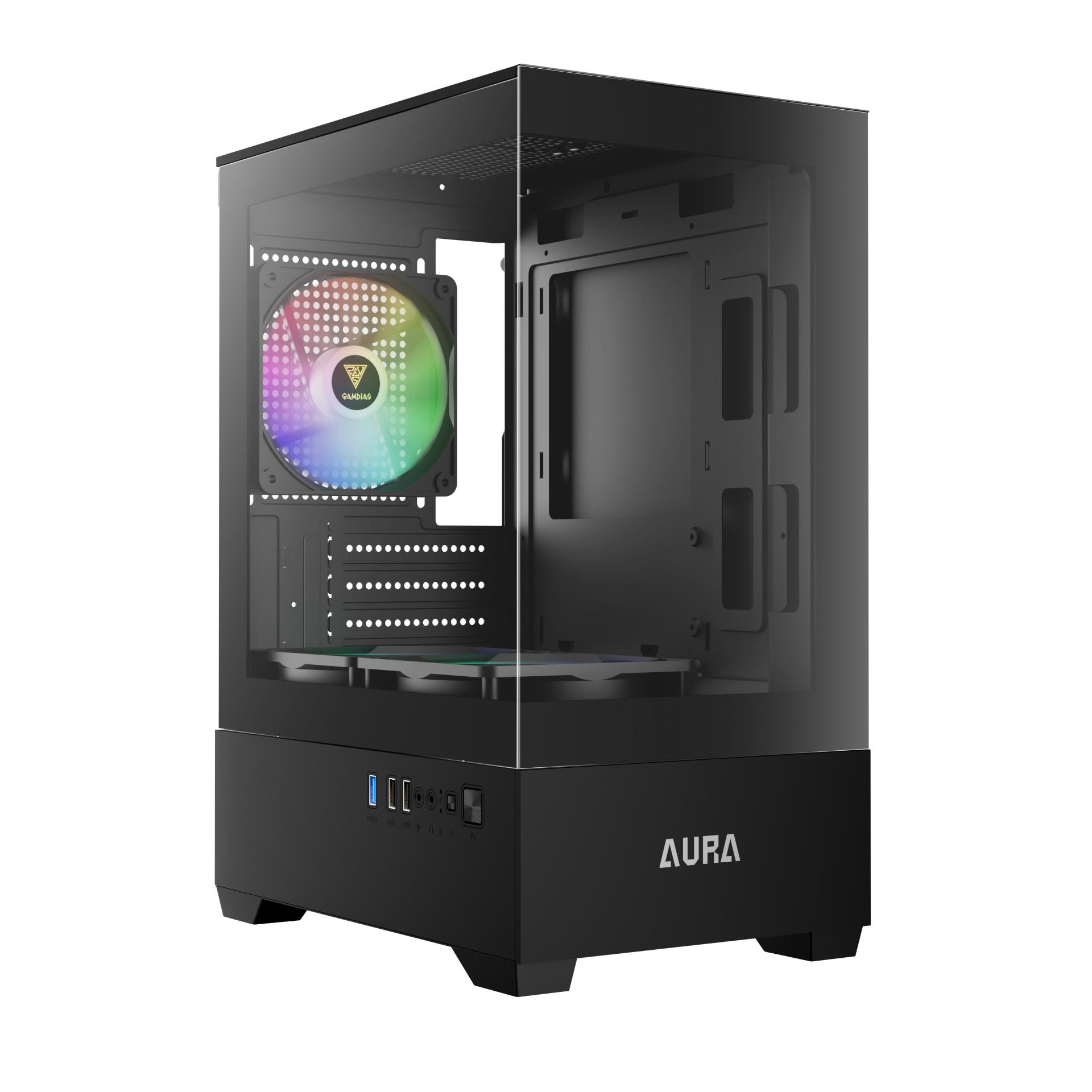 GABINETE GAMER MICRO ATX GANDIAS AURA GC9M ELITE VIDRO TEMPERADO S/FONTE C/ 3 FANS - PRETO