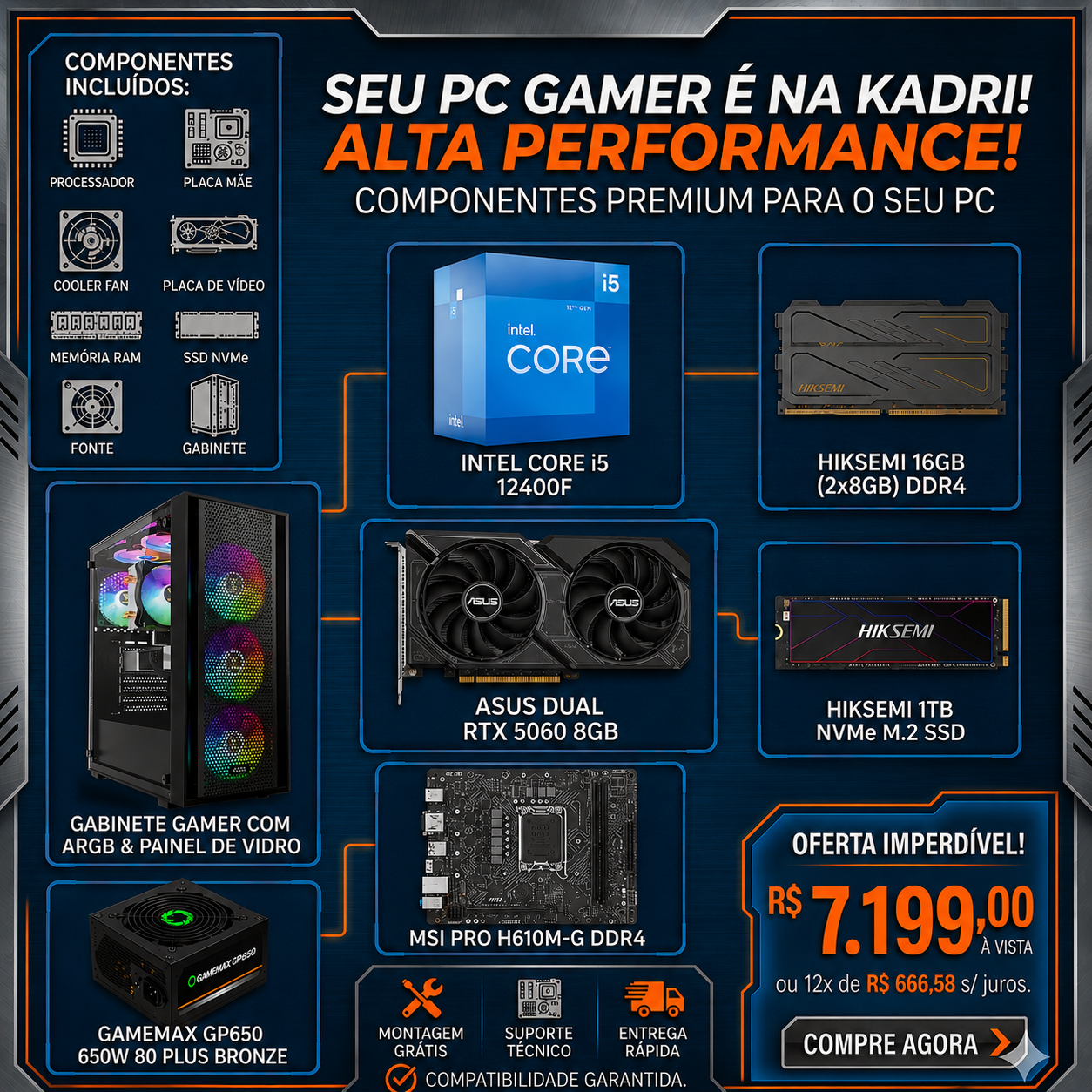 DESKTOP KDR GAMER I5-12400F 16GB DDR4 1TB SSD RTX 5060 8GB FONTE 650W S/ SISTEMA