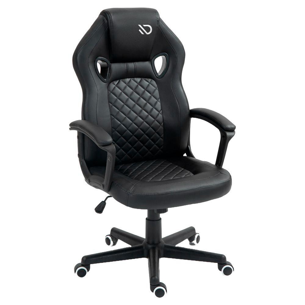 Cadeira gamer Duex Vortex DX9026BK preta em vista frontal, com estofado matelassê em losangos e apoios de braço