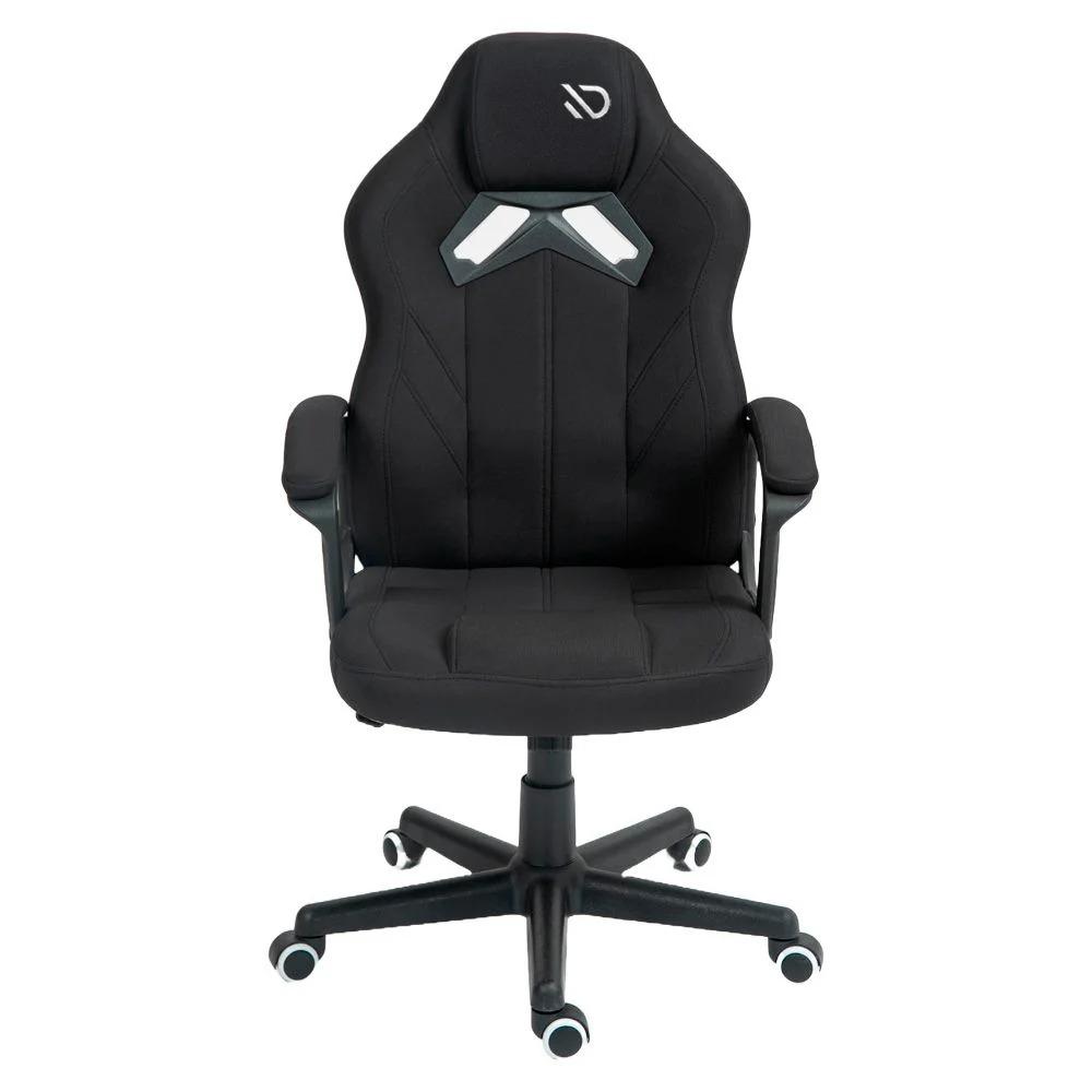 Cadeira gamer Duex Spectrum DX9025BK preta em vista frontal, com encosto alto, apoio de cabeça e costuras em cinza