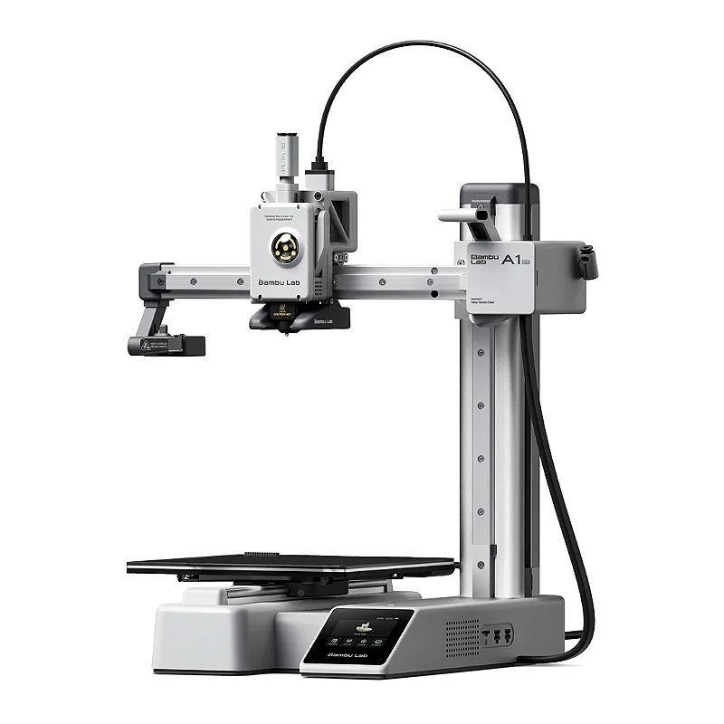 Impressora 3D Bambu Lab A1 Mini com estrutura aberta e mesa de impressão preta