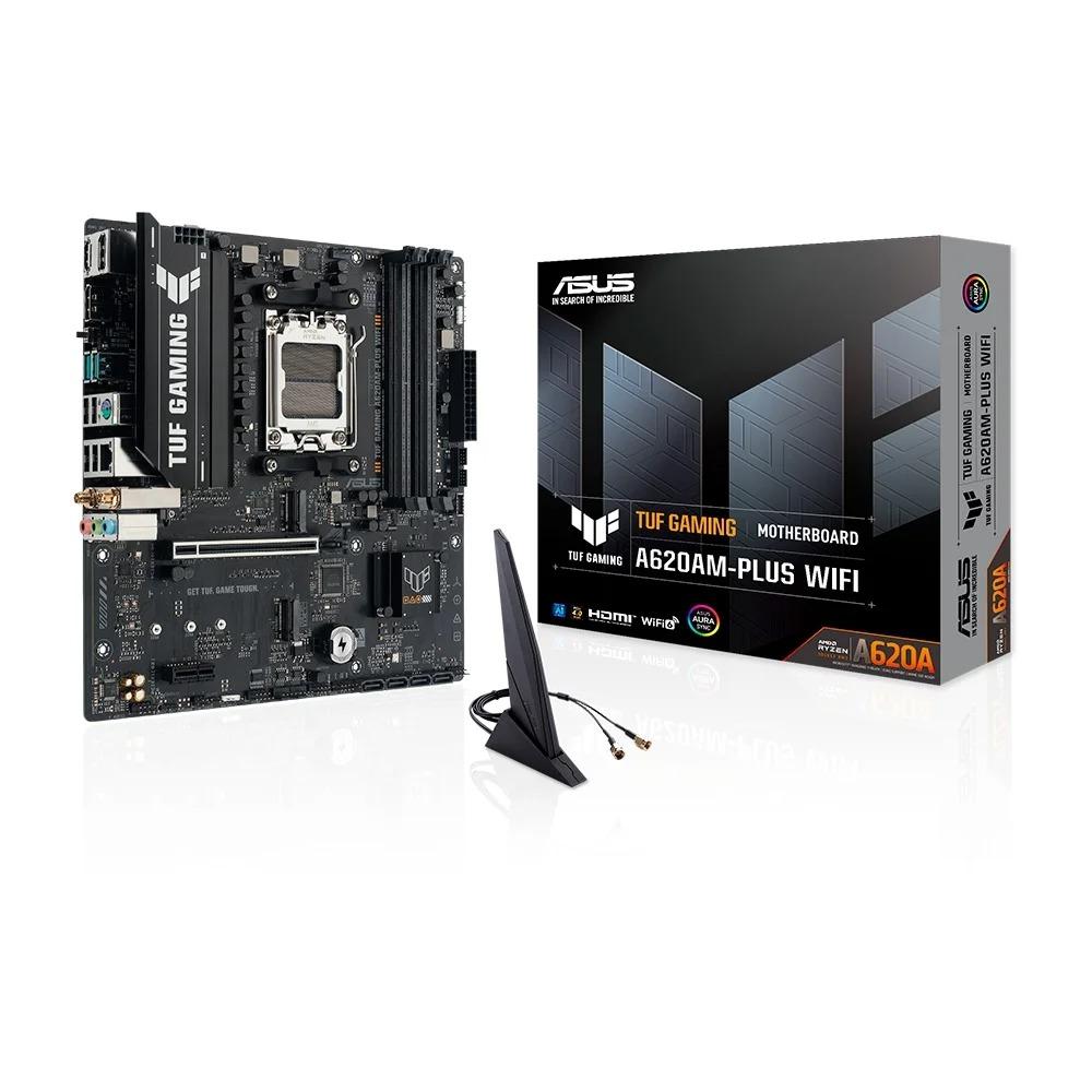 Placa-mãe Asus TUF Gaming A620M-Plus WiFi ao lado da caixa do produto