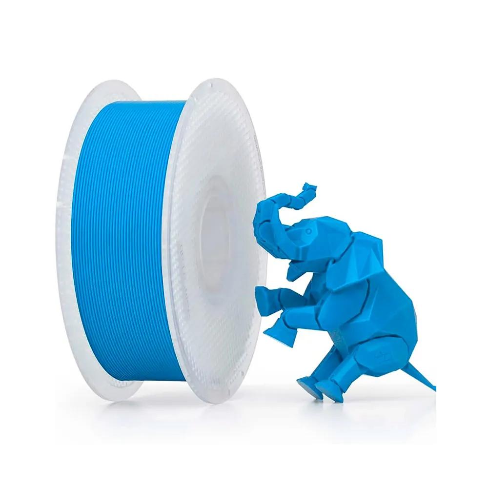 Carretel de filamento PLA Basic Bambu Lab ciano para impressora 3D, ao lado de um elefante impresso em 3D
