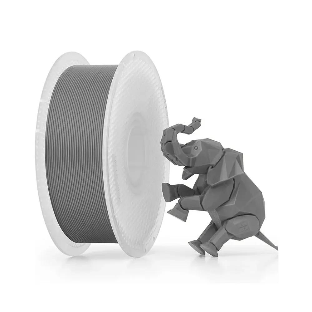 Carretel de filamento PLA Basic Bambu Lab cinza para impressora 3D, ao lado de um elefante impresso em 3D