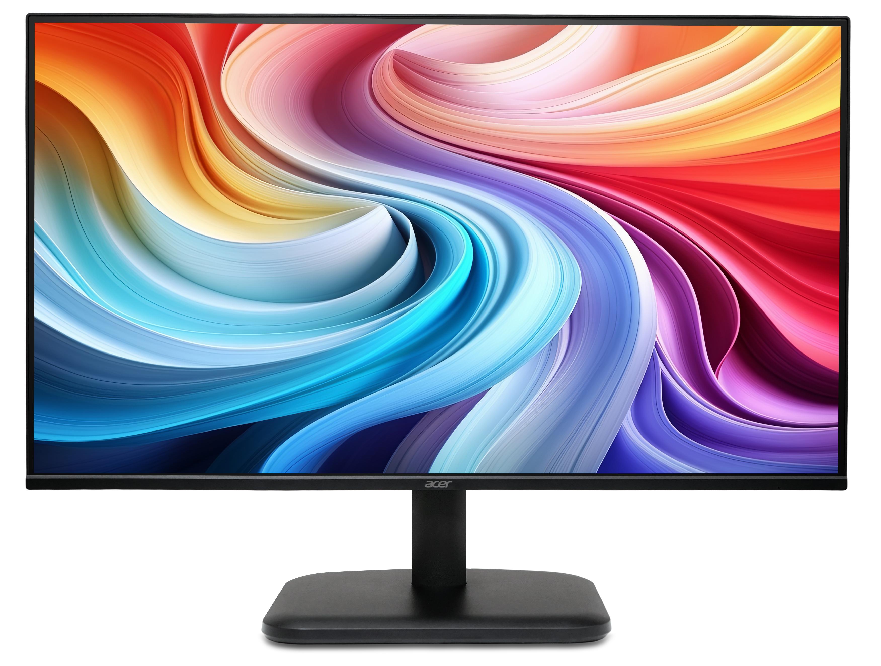 Monitor gamer Acer EK241Y de 23,8 polegadas em vista frontal, com imagem colorida na tela e base em pedestal