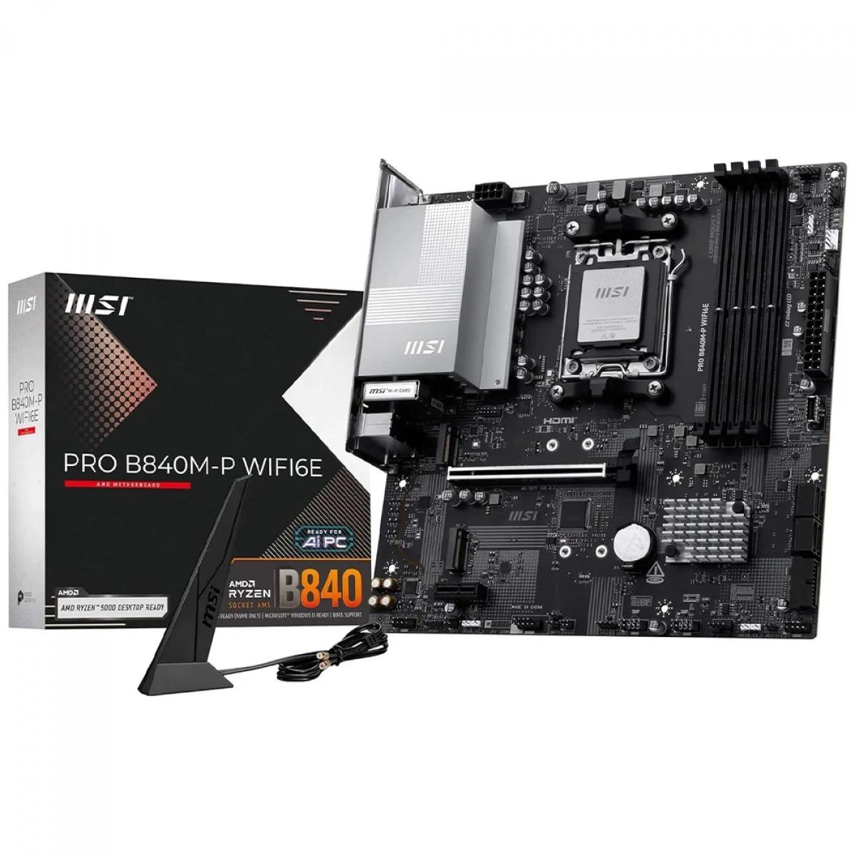 Placa-mãe MSI Pro B840M-P WiFi6E ao lado da caixa do produto